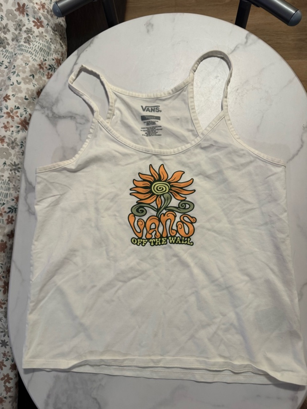 Vans White Tank Top with Orange & Green Sunflower Graphic